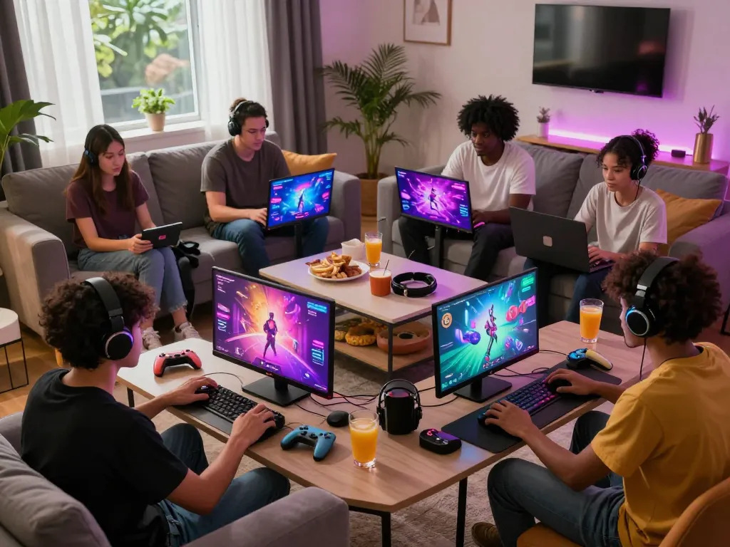 Players enjoying sex games online in a cozy living room, surrounded by gaming devices and snacks.