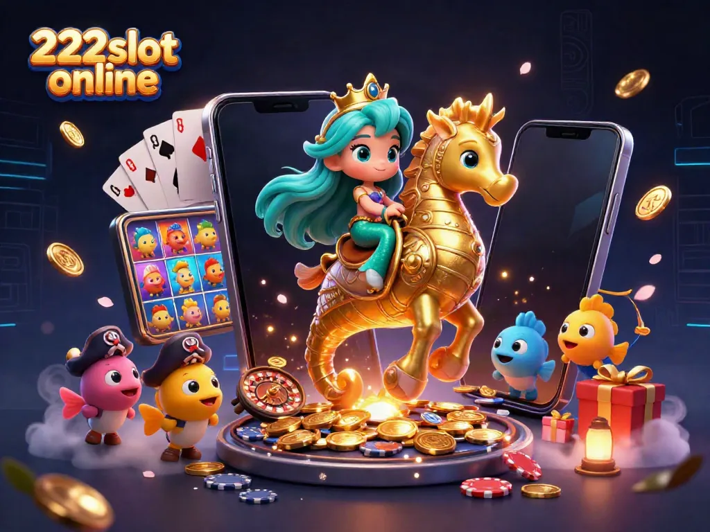 Menggairahkan pengalaman bermain slot di 222slot online dengan ilustrasi 3D putri duyung dan elemen kasino.