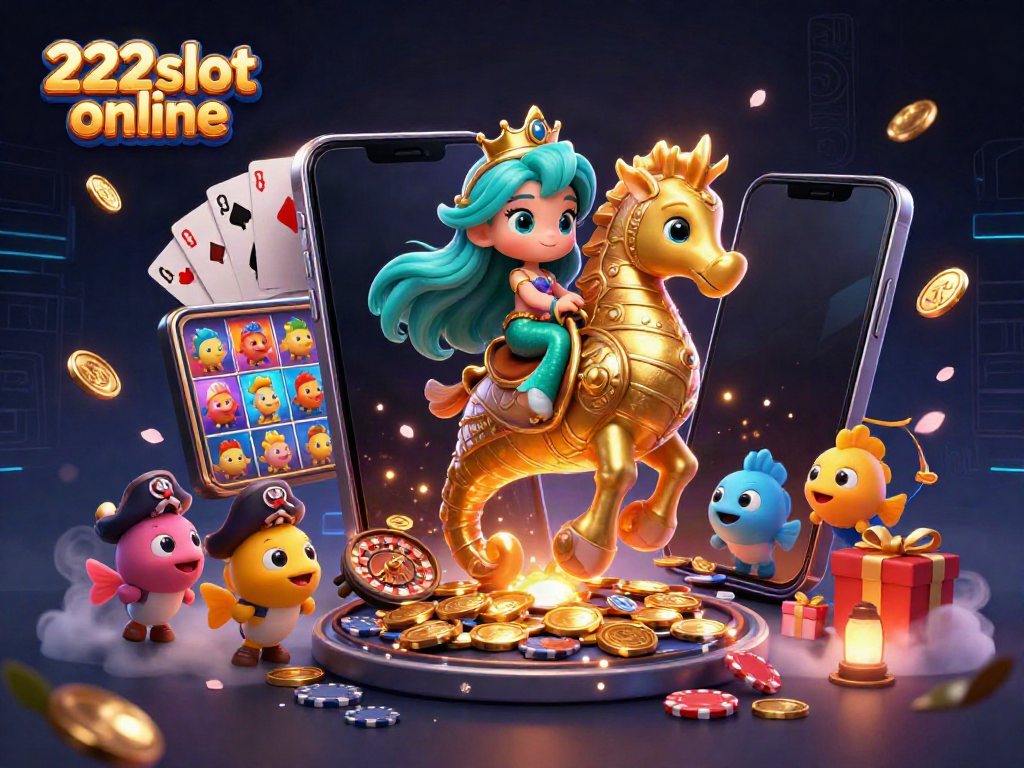 Menggairahkan pengalaman bermain slot di 222slot online dengan ilustrasi 3D putri duyung dan elemen kasino.