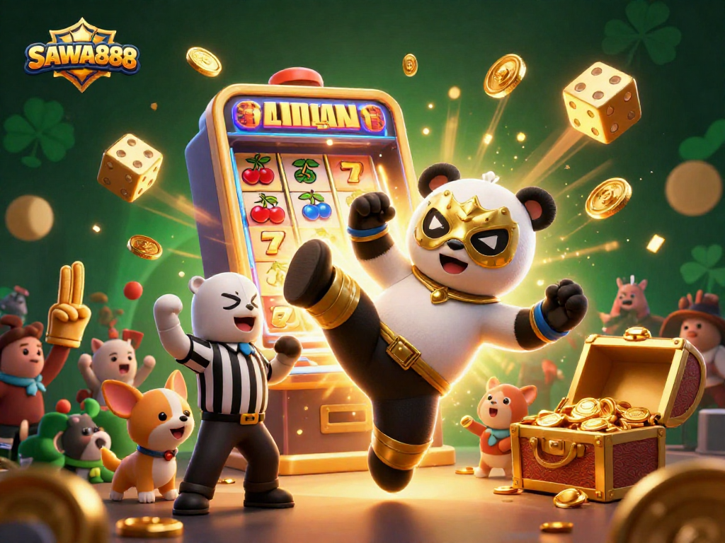 Experience the thrill of SAWA888 with lively 3D illustration of a wrestling panda and vibrant casino elements.
