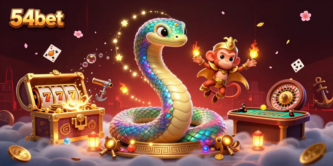 Engage with 54bet's thrilling gaming scene featuring vibrant characters and dynamic casino elements.