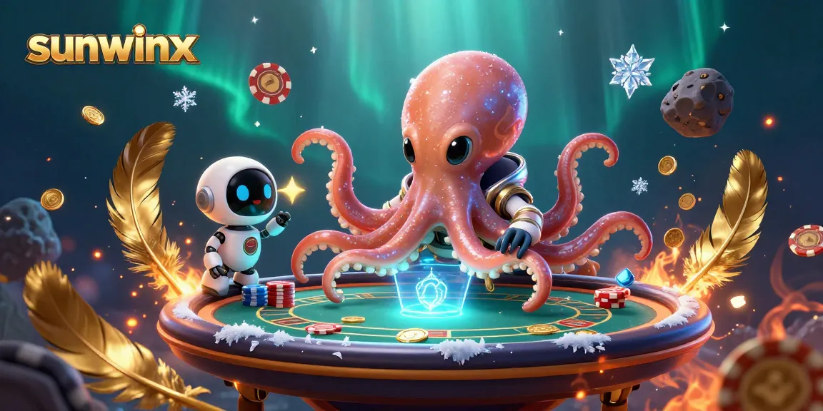 sunwinx alien octopus at a holographic poker table, surrounded by dynamic gaming elements