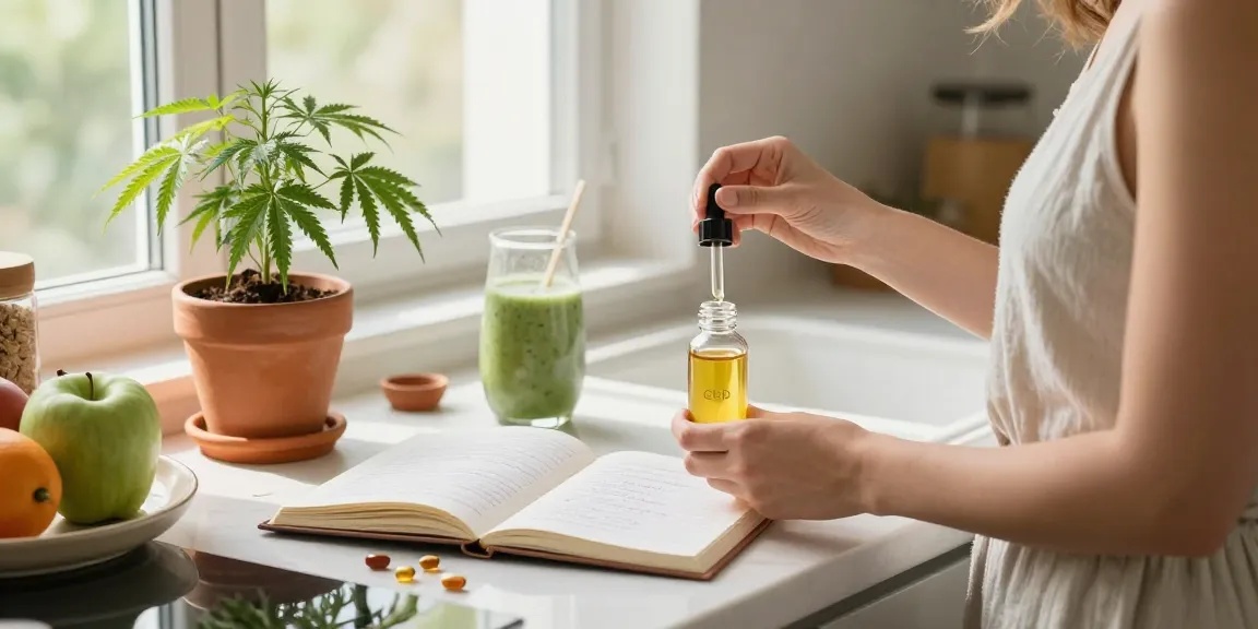 Marketing y Publicidad: Aceite de CBD orgánico y natural en rutina de bienestar en cocina luminosa.