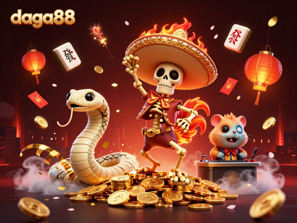 Join the exhilarating daga88 action with golden rooster and DJ hamster celebrating wins in a vibrant casino scene.