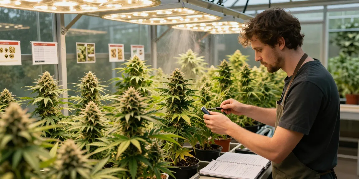 Cannabis seeds for growers in a well-lit greenhouse, showcasing a grower nurturing healthy cannabis plants.