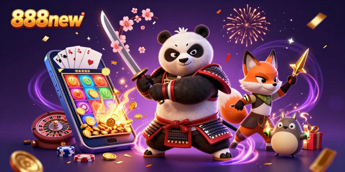 Experience thrilling action with 888new featuring a dynamic samurai panda and ninja fox amidst vibrant casino elements.
