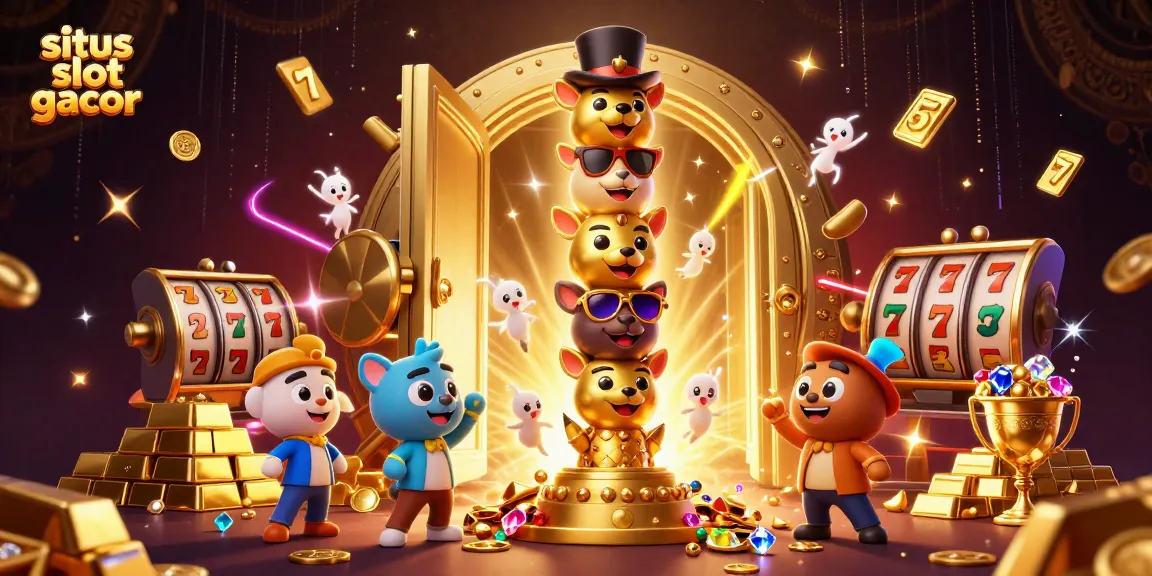 Engage with the dynamic scene of situs slot gacor featuring golden treasures, slot reels, and vibrant characters.