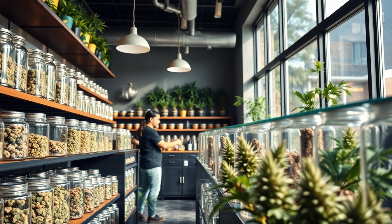 A vibrant weed shop inviting customers with a wide variety of cannabis products on display.