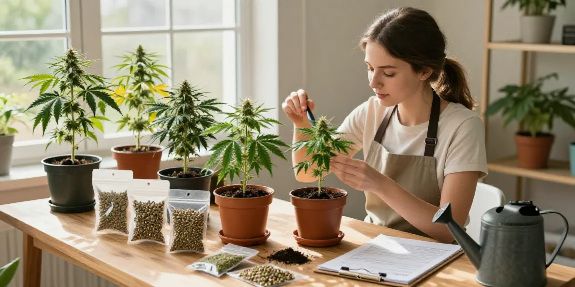 Cannabissamen kaufen: A gardener inspects cannabis plants while exploring cannabis seed varieties in a sunlit indoor garden.