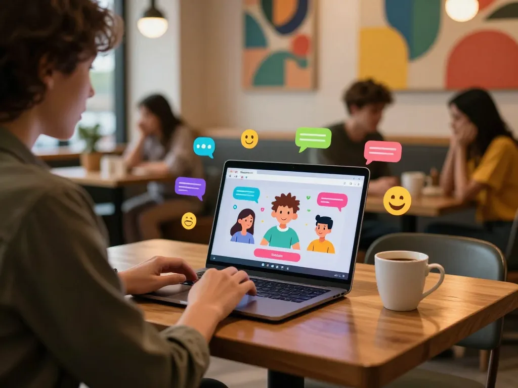 Experience a Spicychat conversation in a vibrant café setting with digital interfaces.