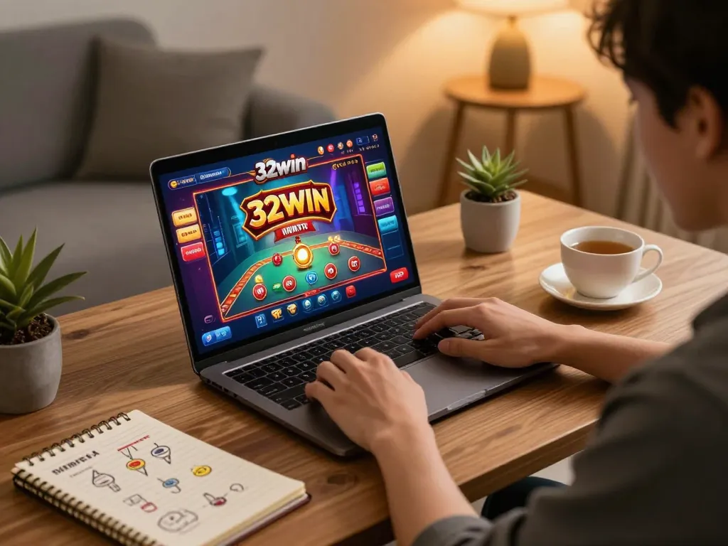 Person playing games on 32win online casino platform with vibrant setup and cozy atmosphere