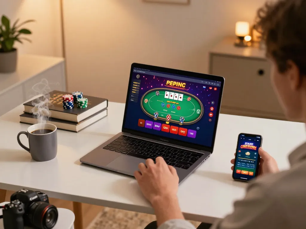 Player engaging with HB88 online casino on a laptop, showcasing vibrant poker gameplay.
