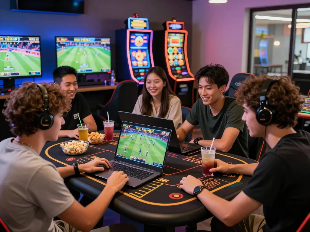 W88 gaming scene showing friends enjoying sports betting and casino games together in an engaging atmosphere.