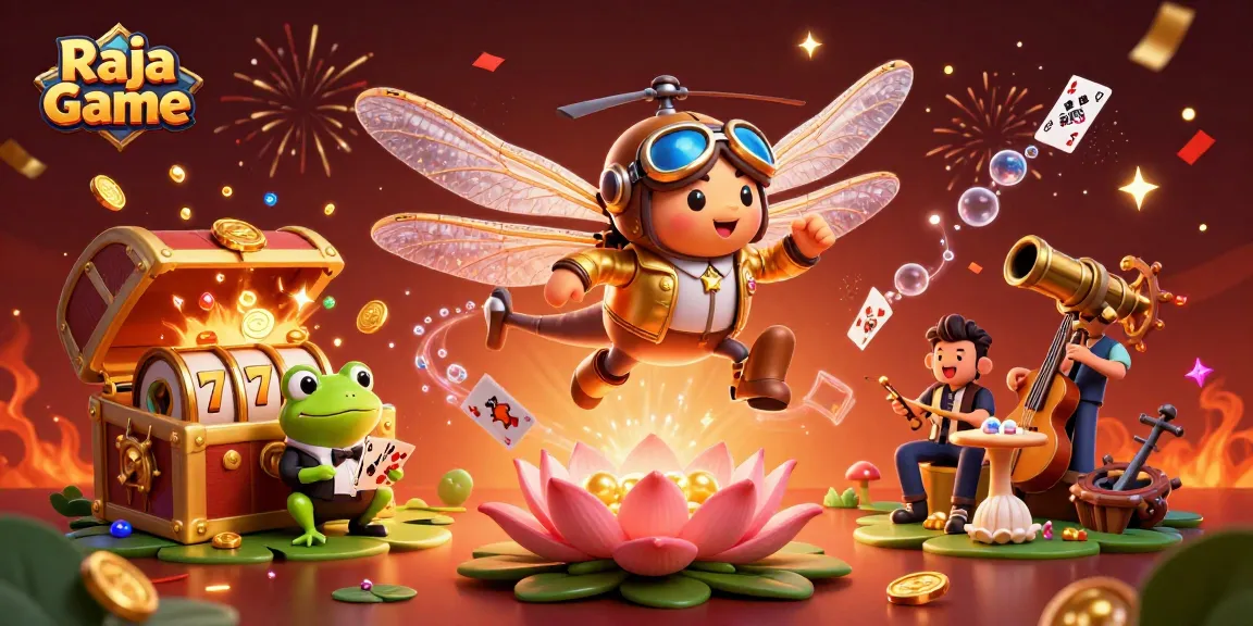 Engage in the lively world of Raja Game with a dragonfly pilot, frog dealer, and jazz musicians amidst vibrant casino elements.