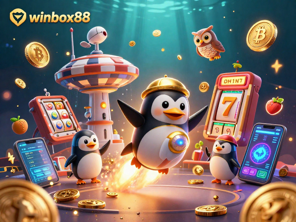 Experience winbox88 with a vibrant 3D illustration featuring a golden penguin, slot symbols, and crypto elements.