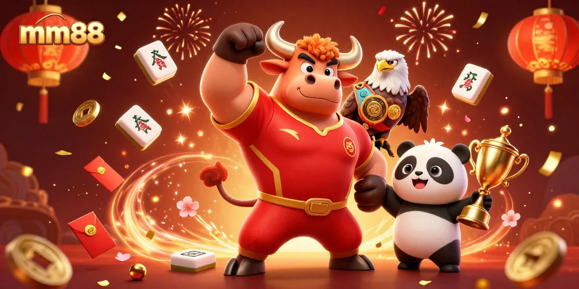 Experience thrilling wins at mm88 with a vibrant 3D casino scene featuring a victorious bull, eagle, and panda.
