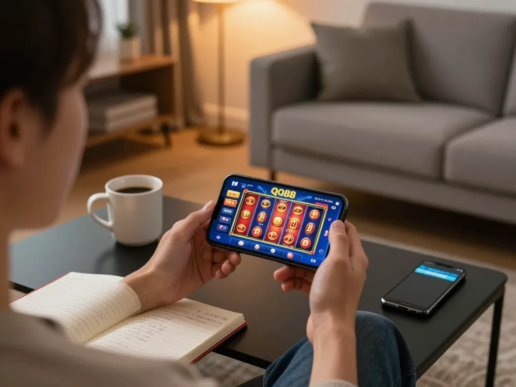 Player enjoying the QQ88 mobile app at home, engaging in strategic online gambling.