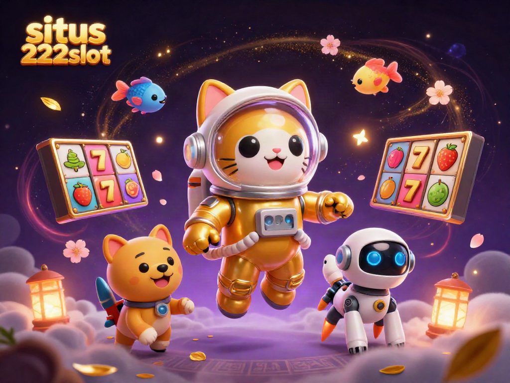 Bermain di situs 222slot dengan karakter kucing astronot dan anjing robot di latar belakang intergalaksi.