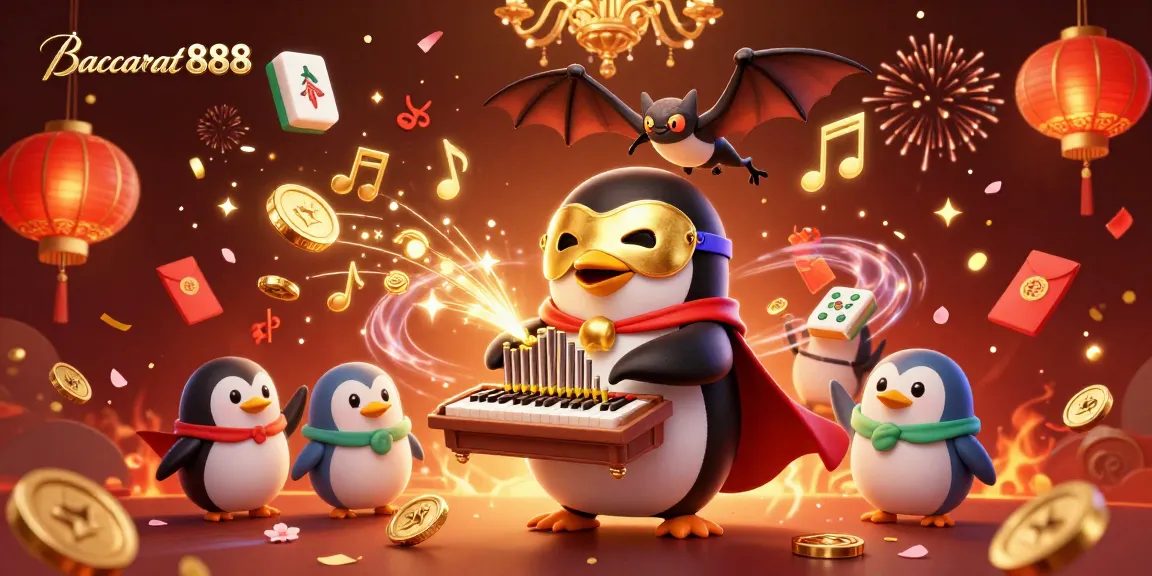 Engage in Baccarat888 with a vibrant scene of a cartoon penguin, gold coins, and festive elements.