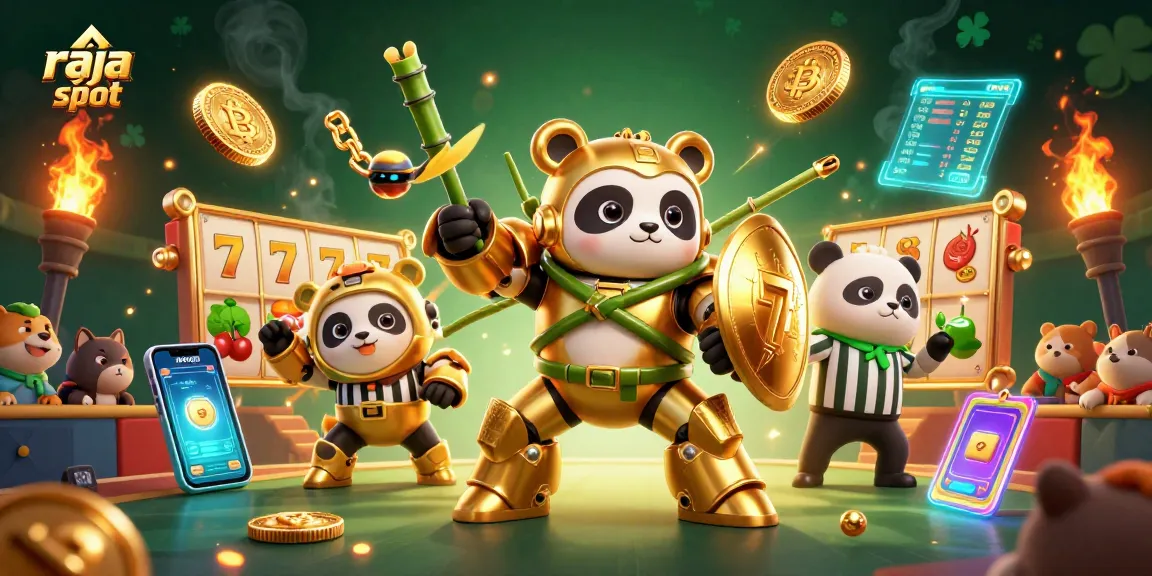 raja slot menghadirkan ilustrasi 3D ceria dengan panda emas dan robot, simbol keberuntungan berlimpah.