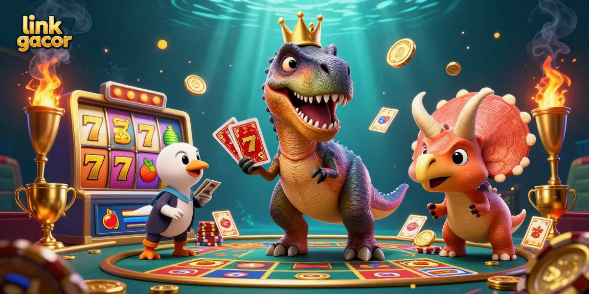 Experience the thrill of gaming with link gacor's vibrant 3D illustration showcasing a T-Rex dealing cards.