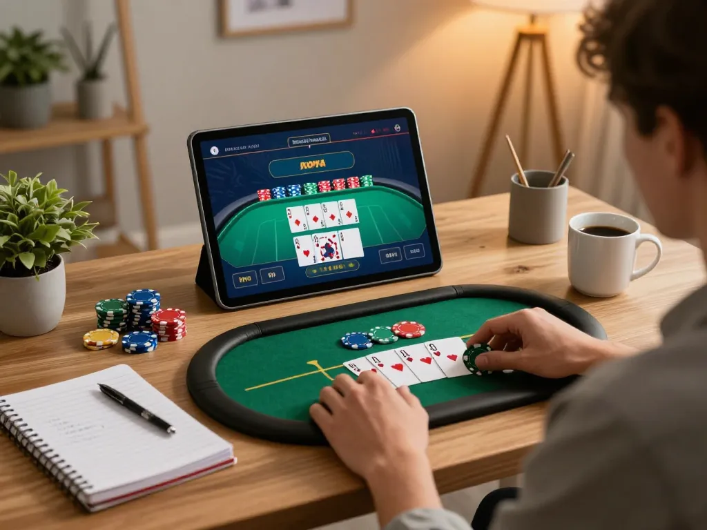 Player enjoying o8 online poker game strategy in a cozy home office setting