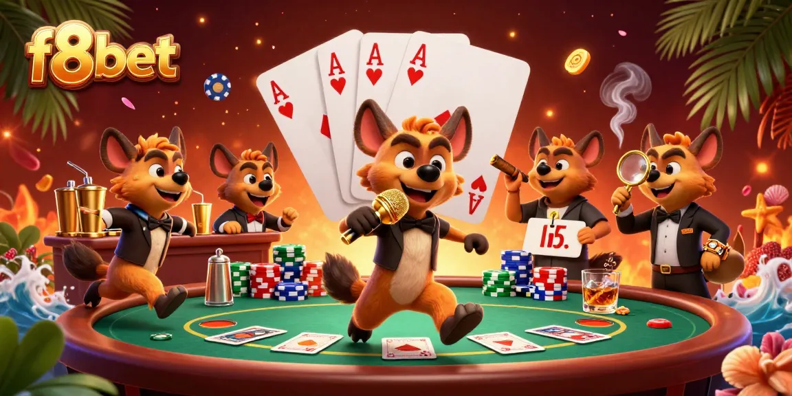Experience fun gaming at f8bet's vibrant 3D casino scene with hyenas enjoying poker and cocktails.
