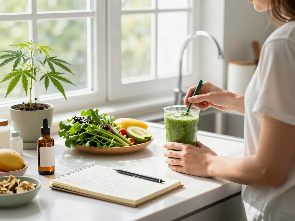 Bright kitchen scene preparing CBD-infused smoothie with cheap dabs oil and wellness journal