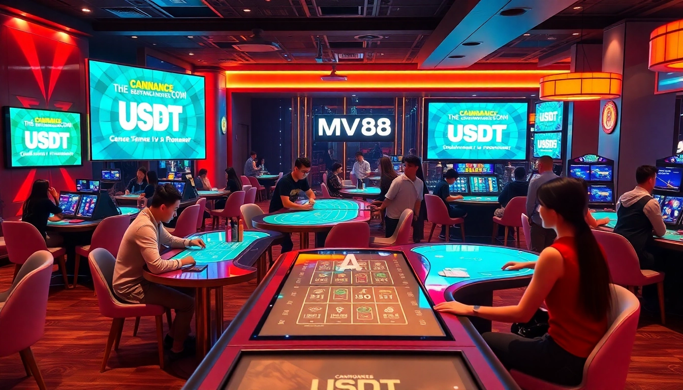 MV88 digital casino scene showcasing a vibrant and secure gaming environment, emphasizing USDT transactions.
