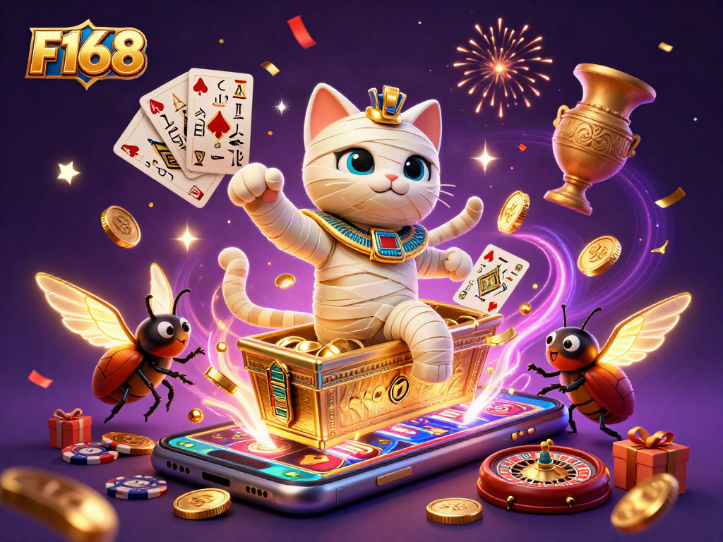 Engage with F168's thrilling casino experience featuring a 3D mummy cat and vibrant game elements.