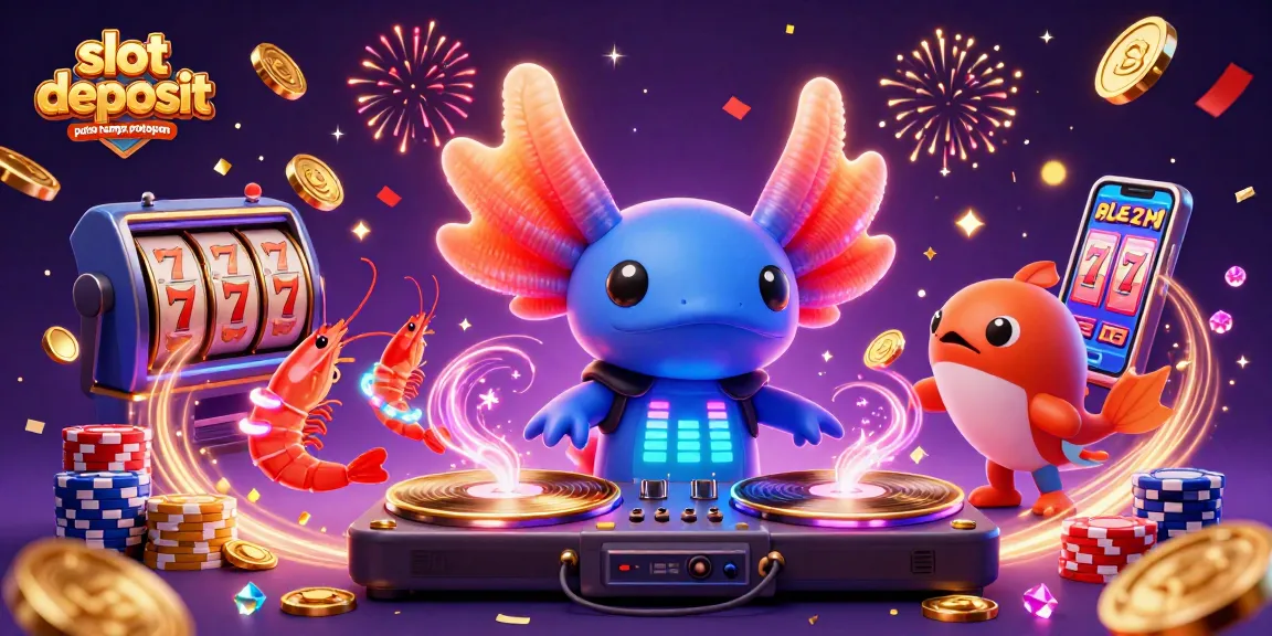 Mainkan slot deposit pulsa tanpa potongan dengan gambar ilustrasi kasino digital berwarna-warni dan dinamis.