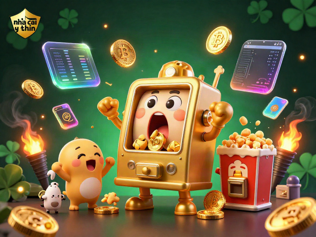 Experience the excitement of nha cai uy tin through this engaging 3D illustration of a golden slot machine hitting a jackpot.