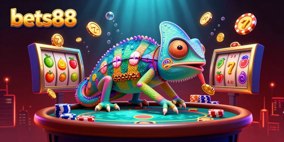 Bets88 chameleon owner in a vibrant online casino scene, showcasing slot reels and jackpot excitement, all in stunning detail.