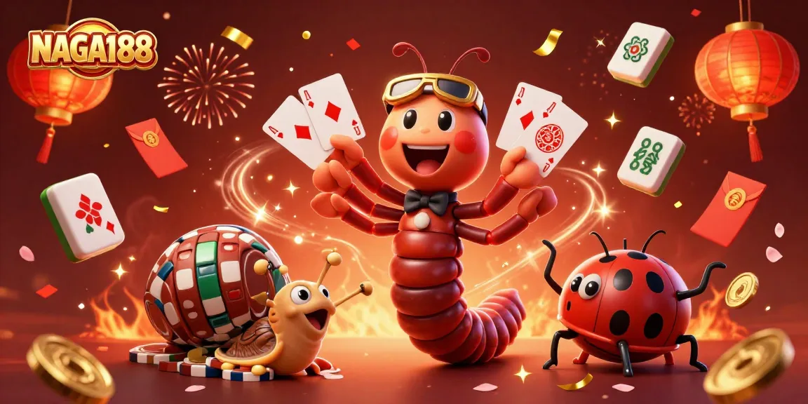 NAGA188 menghibur pemain dengan dealer kartun dan tumpukan chip besar dalam suasana kasino yang meriah.