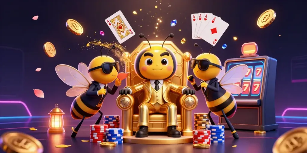 Mulu Win casino scene with a bumblebee boss and wasp guards surrounded by gold coins and poker chips.