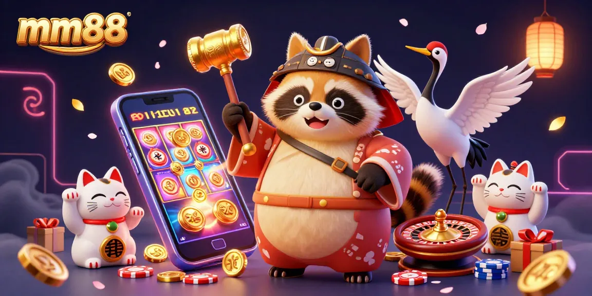 Play exciting games at mm88 with a cheerful tanuki and lucky symbols in an energetic casino scene.
