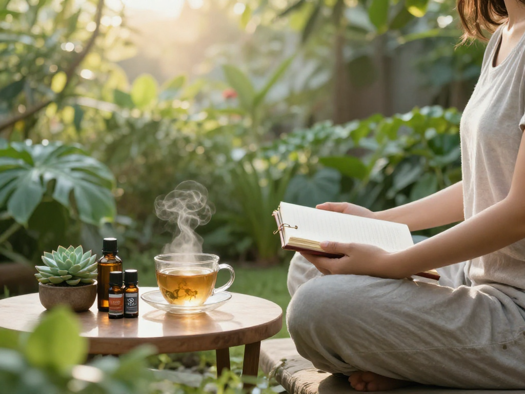CBD shop France : méditation en plein air avec huile de chanvre, produits naturels, atmosphère zen.
