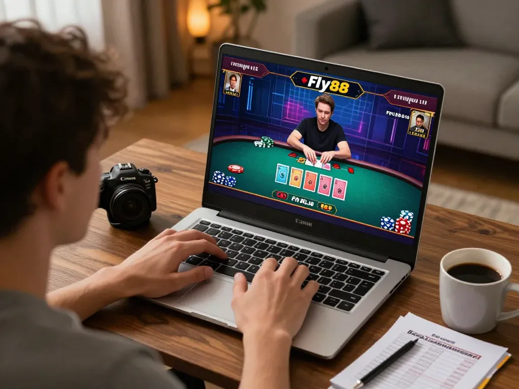 Player engaging with Fly88 online casino game while managing bankroll on notes in cozy home setting.