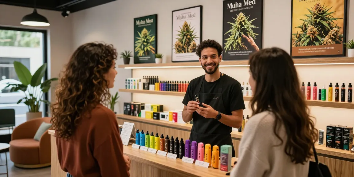 Showcase of Muha Med vape products in a vibrant retail environment with friendly customer interaction.