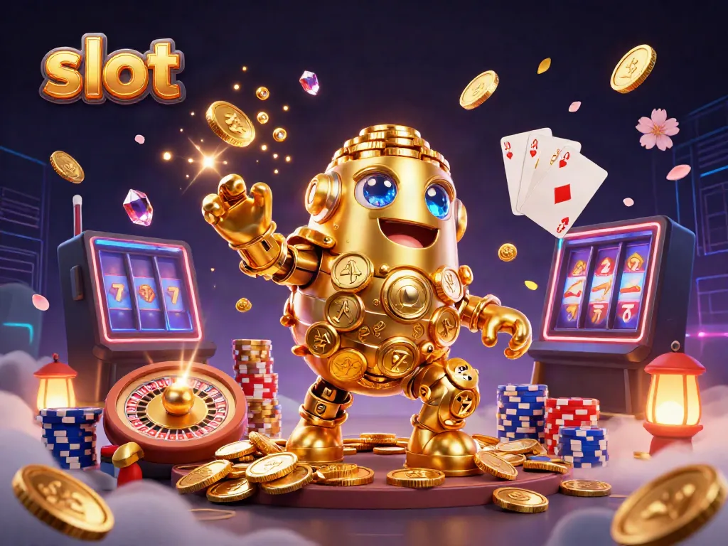 Bermain slot dengan golem emas dan simbol mesin slot di sekitar, memberikan momen kemenangan yang mengasyikkan.