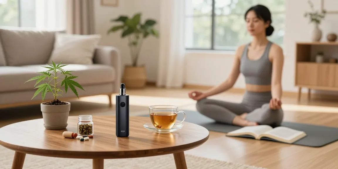 Muha meds disposable vape device amidst a natural wellness setting with CBD herbal tea and supplements highlighting health benefits.
