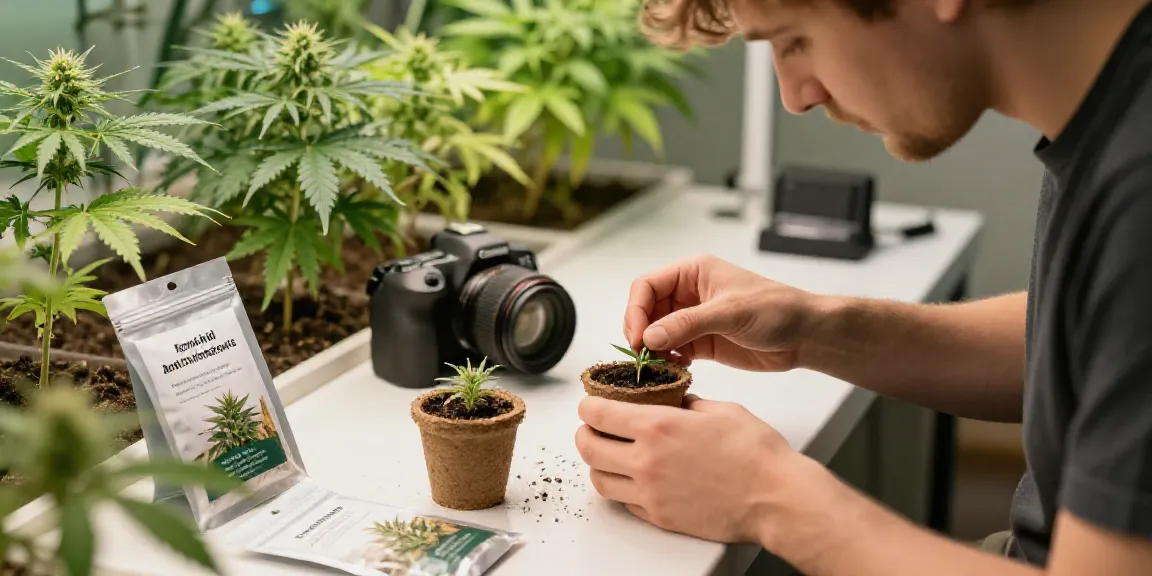 Ein passionierter Gärtner pflanzt Cannabissamen in Töpfen für eine erfolgreiche Ernte.