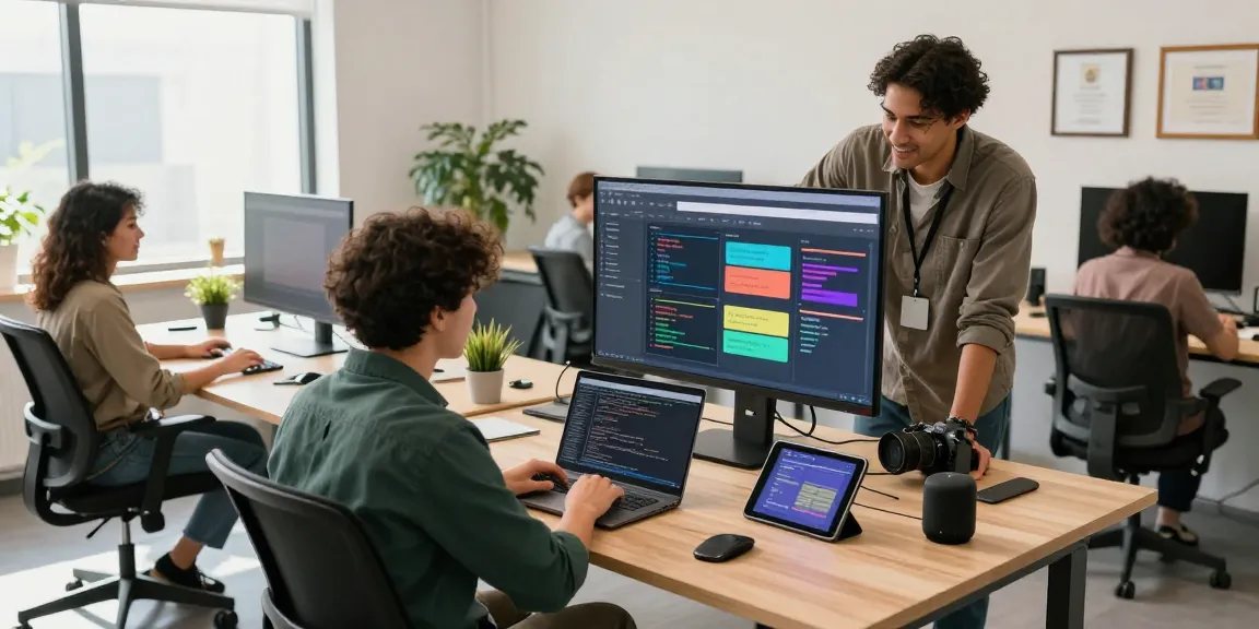 Dynamic tech workspace showing a diverse team collaborating on coding and design, promoting telegram官网 integration.