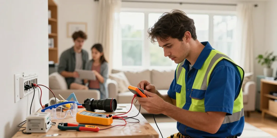 Find out more about trusted emergency electrician fixing home issues with safety gear in a bright living room.