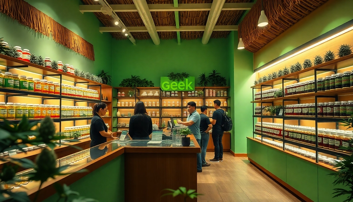 Showcasing GEEK THC strains in a vibrant dispensary, engaging staff in a welcoming atmosphere.