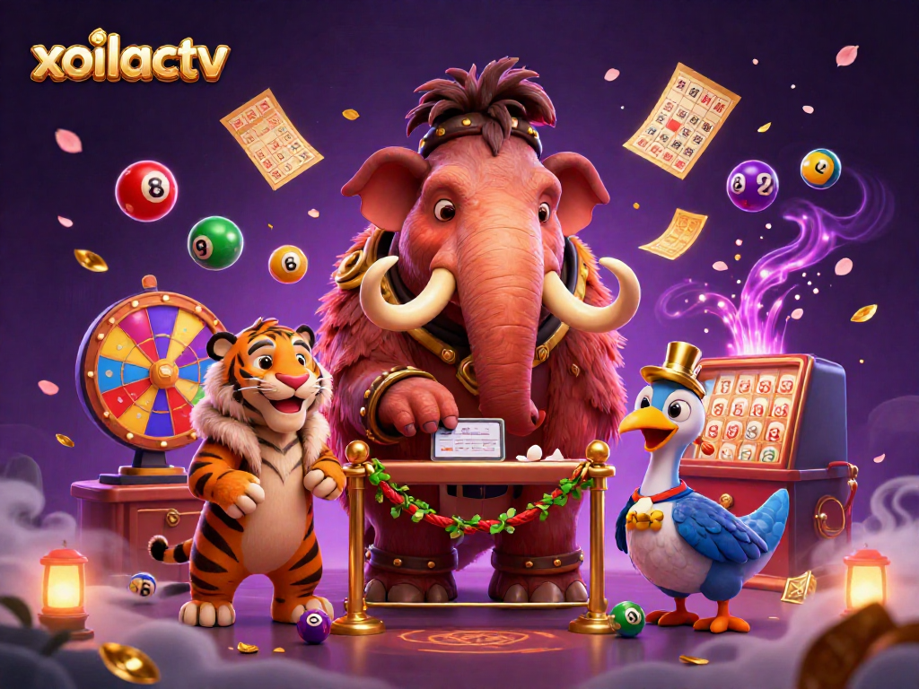 Immerse in xoilactv's vivid 3D casino scene featuring vibrant lottery elements and charming characters.