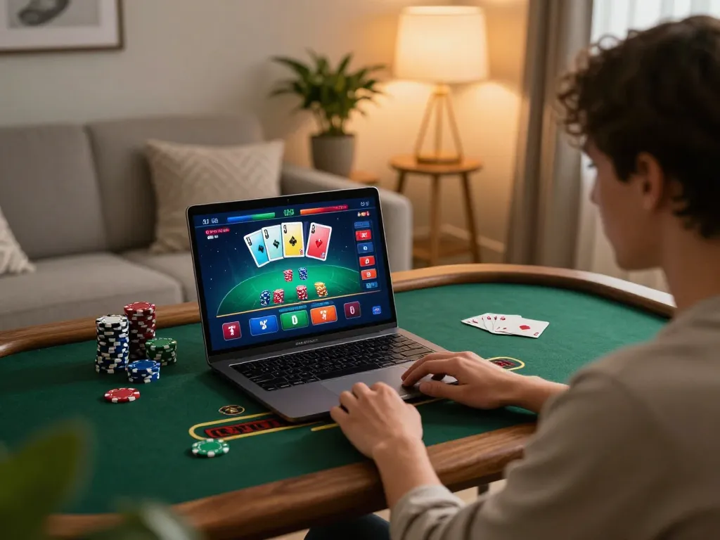 Player engaging in online blackjack gaming on laptop, showcasing tr88it digital platform experience.