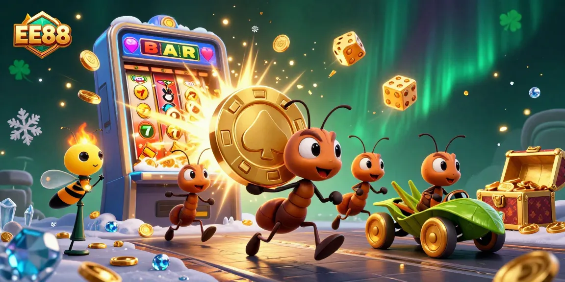 Experience thrilling gambling action with EE88 as cartoon ants carry a giant poker chip through a casino adventure.