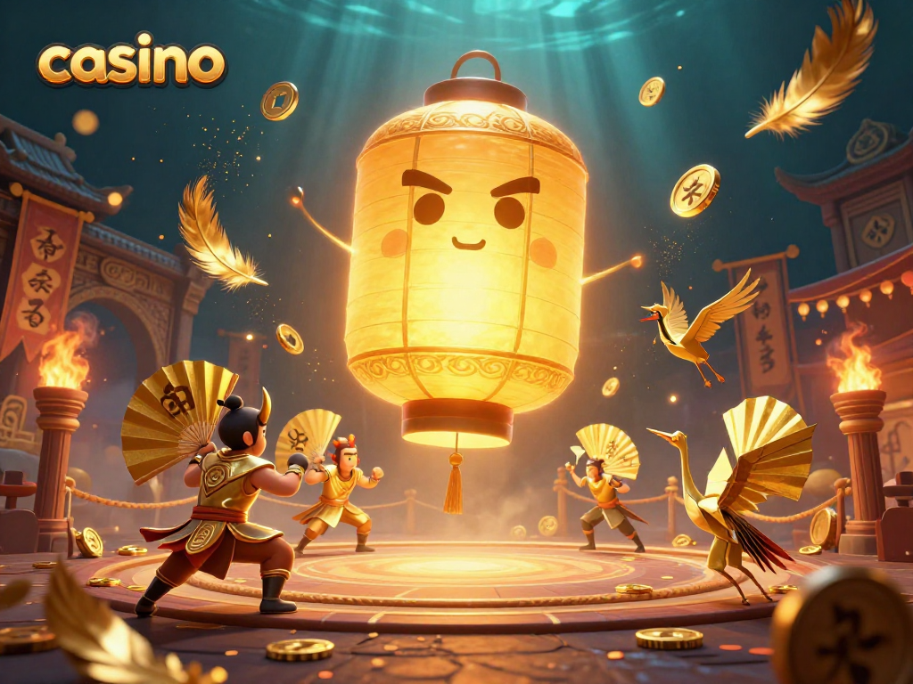 Capture winnings at the vibrant casino scene with glowing lantern spirit and golden fan warriors.