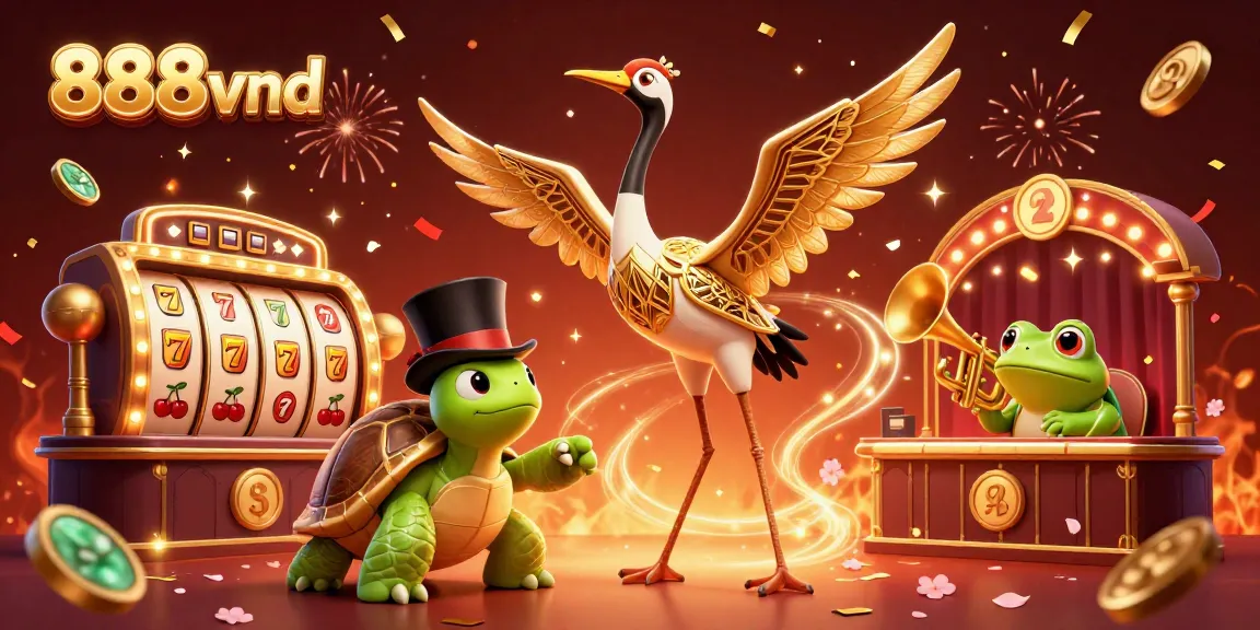 Experience the excitement of 888vnd's vibrant casino scene with dynamic slot reels and charming characters.